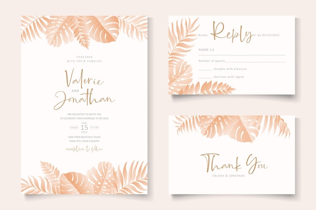 Wedding invitation card template with tropical leaves design