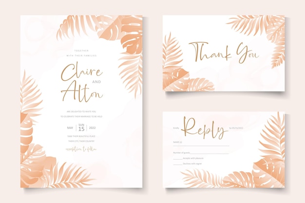 Wedding invitation card template with tropical leaves design