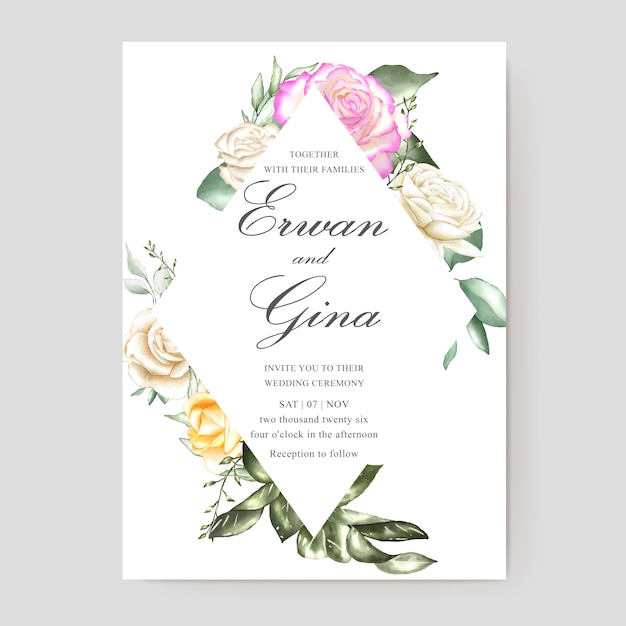 wedding invitation card template with watercolor floral and leaves