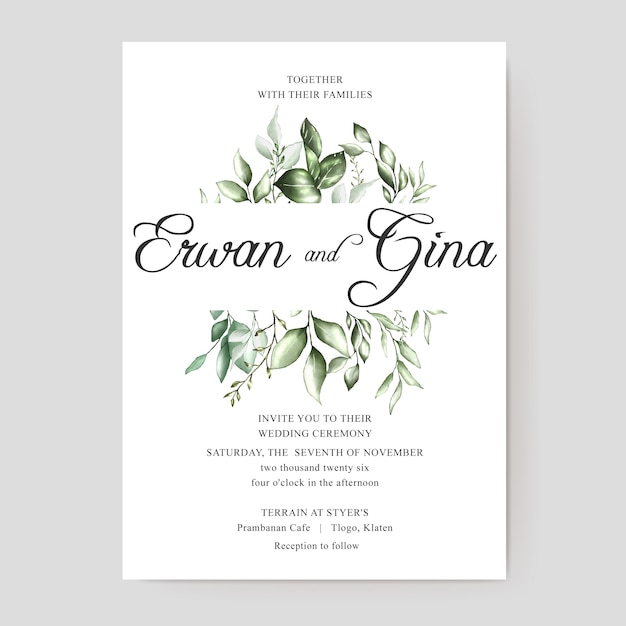 wedding invitation card template with watercolor floral and leaves