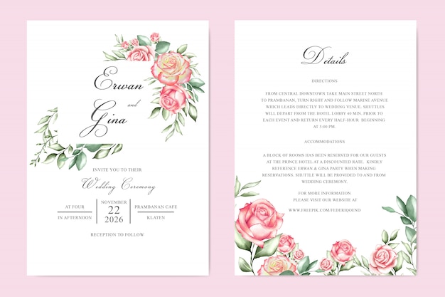 wedding invitation card template with watercolor floral and leaves