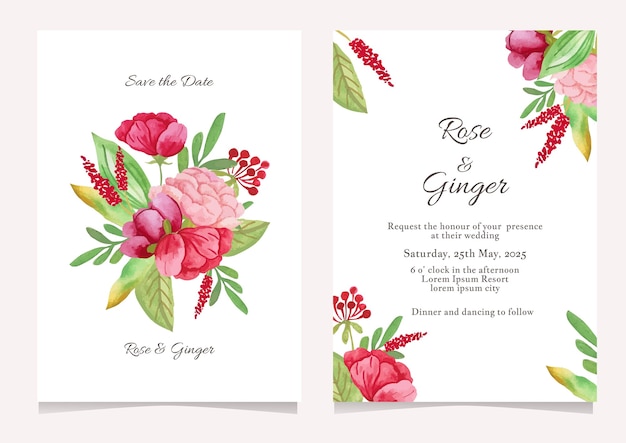 Wedding invitation card template with watercolor floral vector