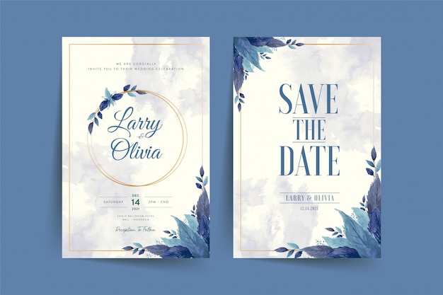 wedding invitation card template with watercolor leaves  