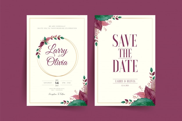 wedding invitation card template with watercolor leaves  