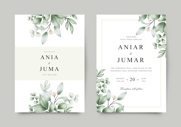 Wedding invitation card template with watercolor leaves