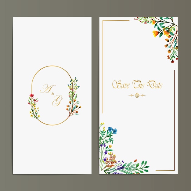 Wedding invitation card template with watercolor wild flower