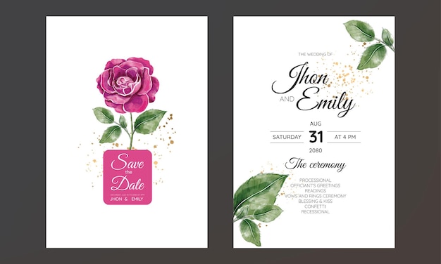 Vector wedding invitation card templates with beautiful watercolor red rose flower