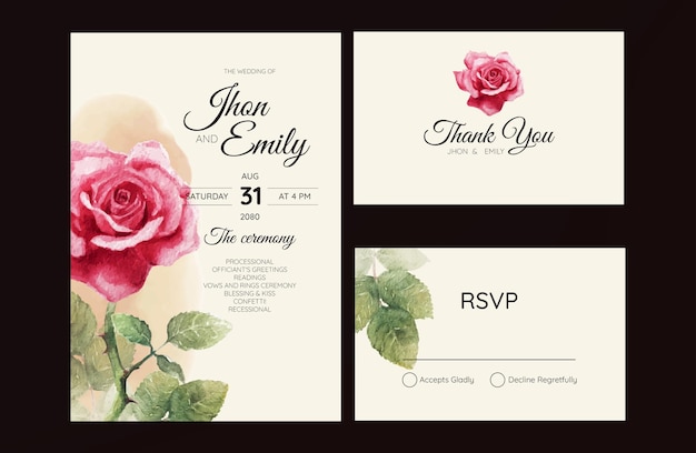 Wedding Invitation card templates with beautiful watercolor red rose flower