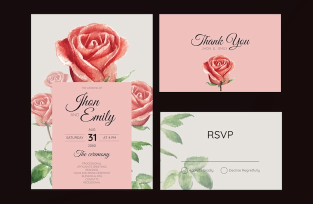 Wedding Invitation card templates with beautiful watercolor red rose flower