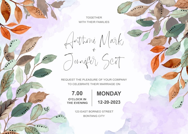 Wedding invitation card with abstract leaves watercolor