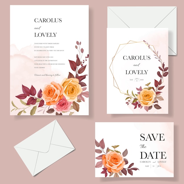 Wedding invitation card with beautiful flower and leaves autumn fall