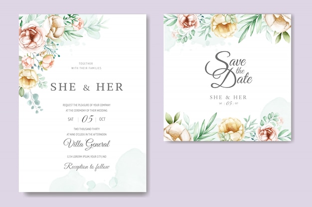 wedding invitation card with beautiful watercolor floral and leaves