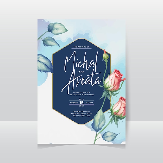 Wedding invitation card with beautiful watercolor flowers