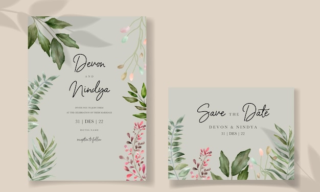 wedding invitation card with beautiful watercolor green leaf decoration