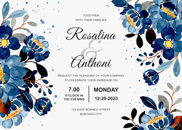 Wedding invitation card with blue floral watercolor