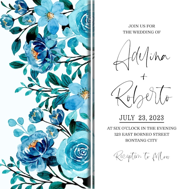 Wedding invitation card with blue floral watercolor