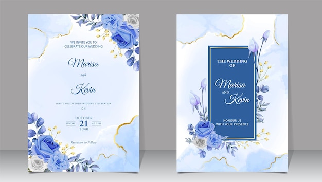 Wedding invitation card with blue flowers and gold frame.