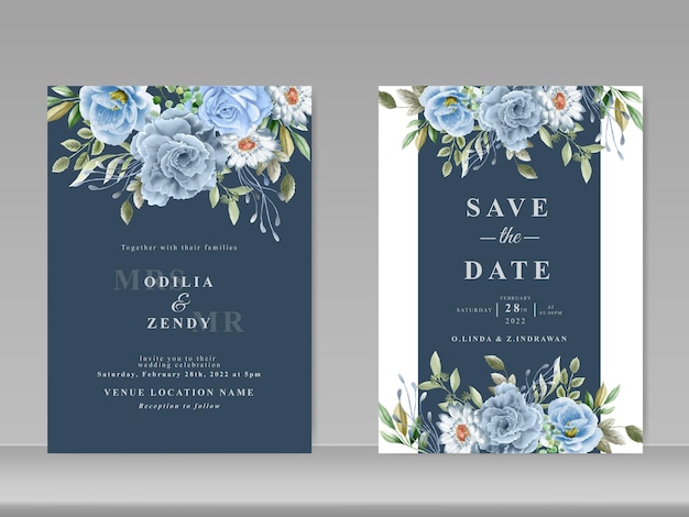 wedding invitation card with blue flowers watercolor