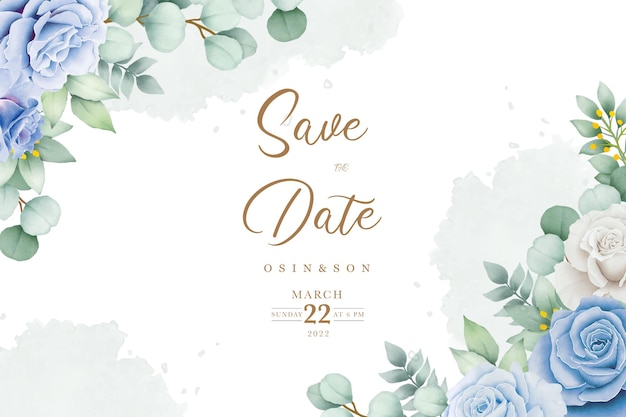 wedding invitation card with blue flowers