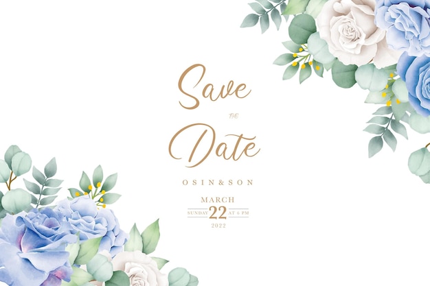 wedding invitation card with blue flowers