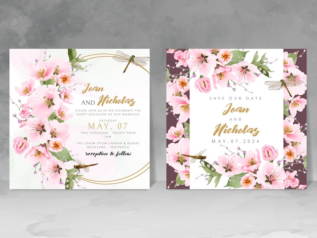 wedding invitation card with cherry blossom and dragonfly