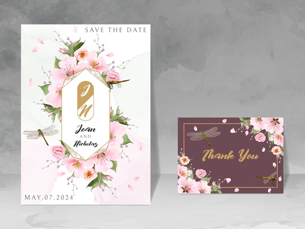 wedding invitation card with cherry blossom and dragonfly