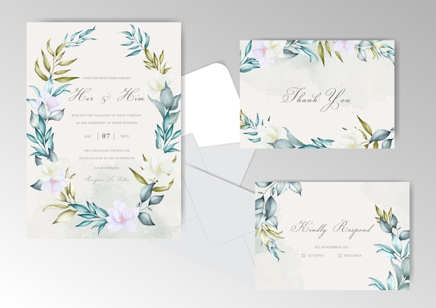 wedding invitation card with classic style and watercolor