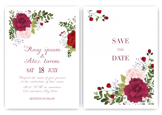 Wedding invitation card with colorful floral and leaves.