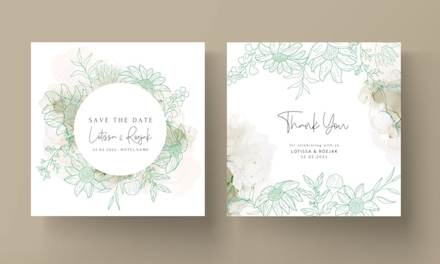 wedding invitation card with elegant monoline floral