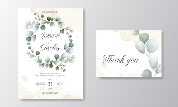 wedding invitation card with Eucalyptus leaves template