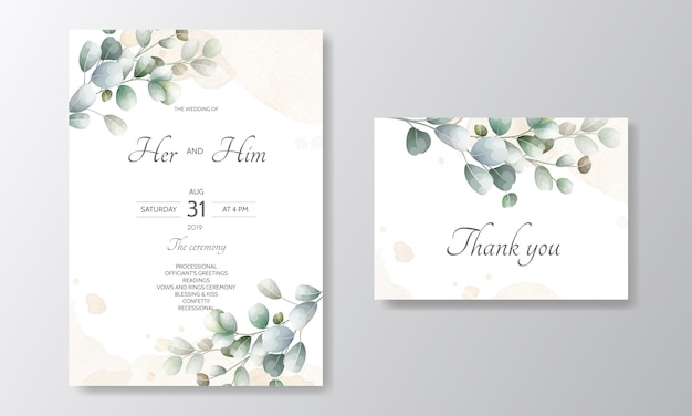 wedding invitation card with Eucalyptus leaves template