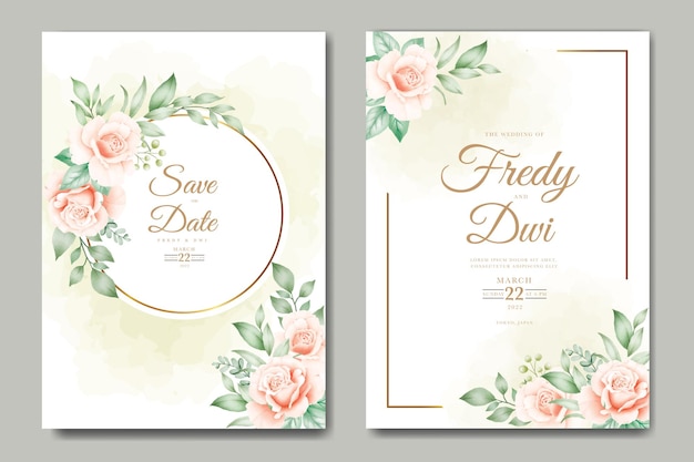 wedding invitation card with floral leaves watercolor set