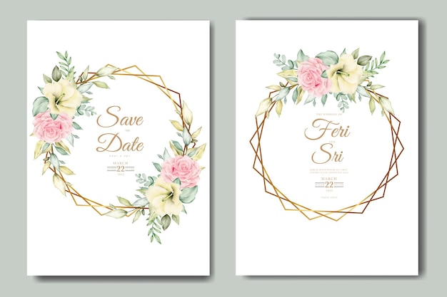 wedding invitation card with floral leaves watercolor template