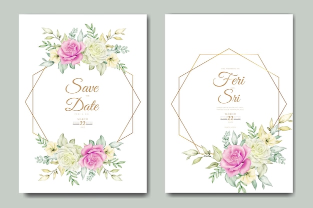 wedding invitation card with floral leaves watercolor template