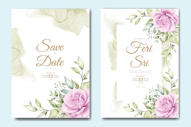 wedding invitation card with floral leaves watercolor