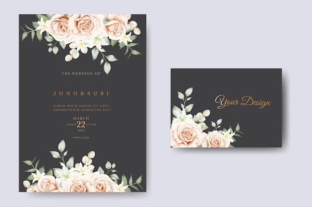 Wedding Invitation Card With Floral Leaves Watercolor