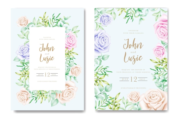 wedding invitation card with floral leaves watercolor