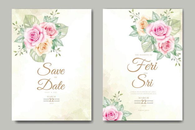 wedding invitation card with floral leaves watercolor