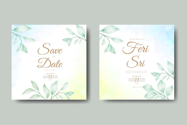 wedding invitation card with floral leaves watercolor