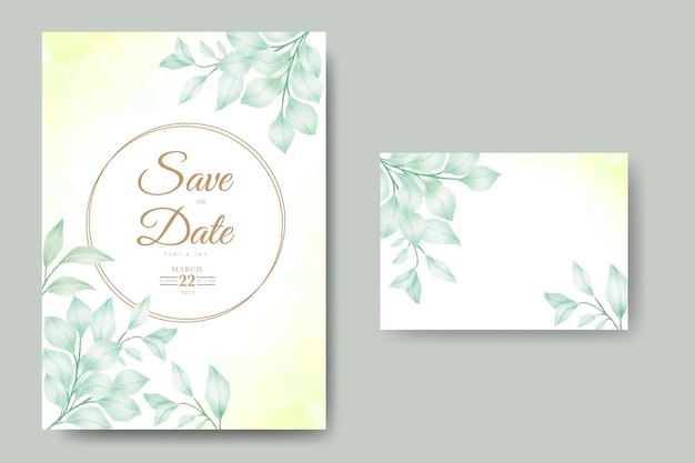 wedding invitation card with floral leaves watercolor