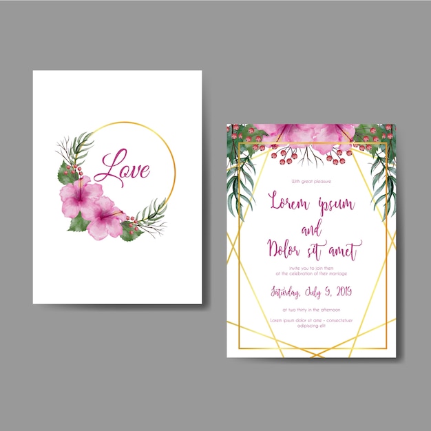 Wedding invitation card with flower hibiscus pink