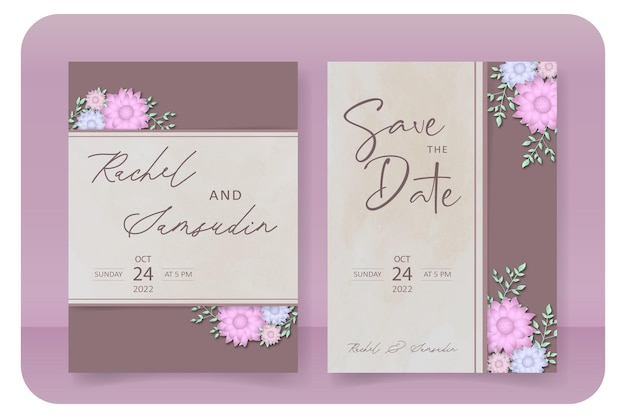 wedding invitation card, with flower and leaf decoration, minimalist style, brown background