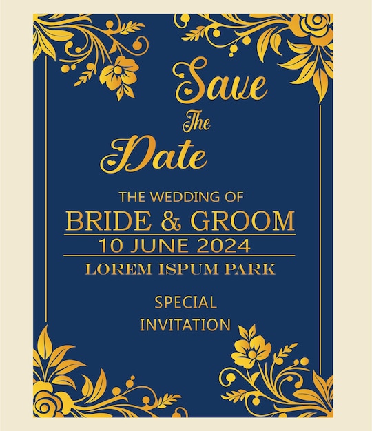 Wedding invitation card with golden floral ornament on blue background Vector illustration