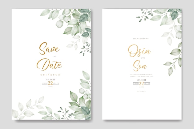 Wedding Invitation card with green leaf watercolor