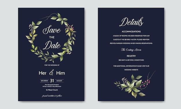 wedding invitation card with green leaves template 