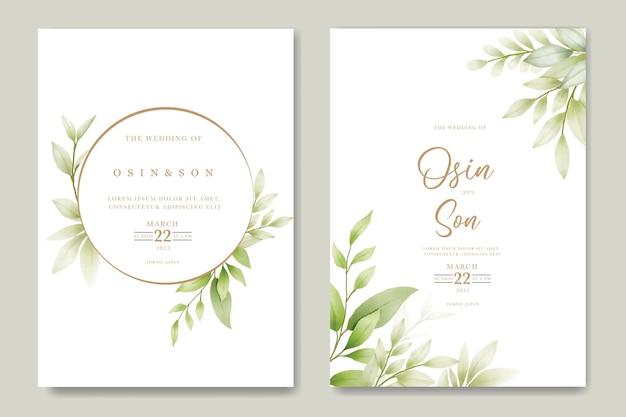 Wedding invitation Card with Green Leaves watercolor