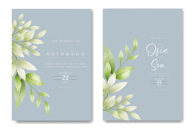 Wedding Invitation Card With Green Leaves Watercolor