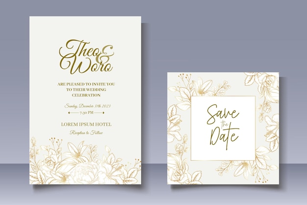 Wedding Invitation Card with Hand Drawn Floral Decoration