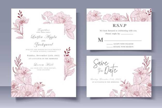 Wedding Invitation Card with Hand Drawn Floral Decoration