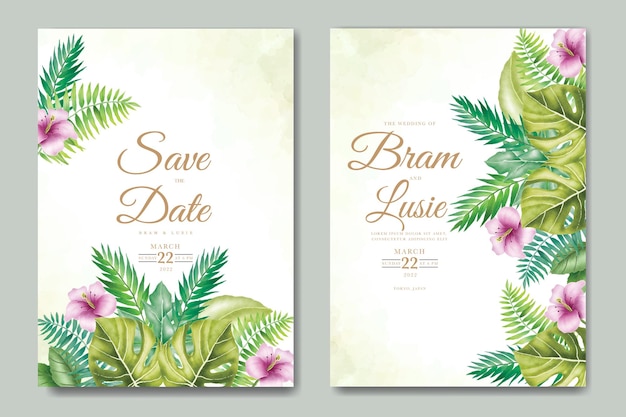 wedding invitation card with leaves tropical watercolor